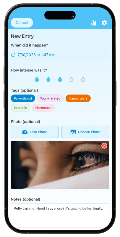 Ductts app screenshot of a new entry screen, where users can log their tears and emotions.